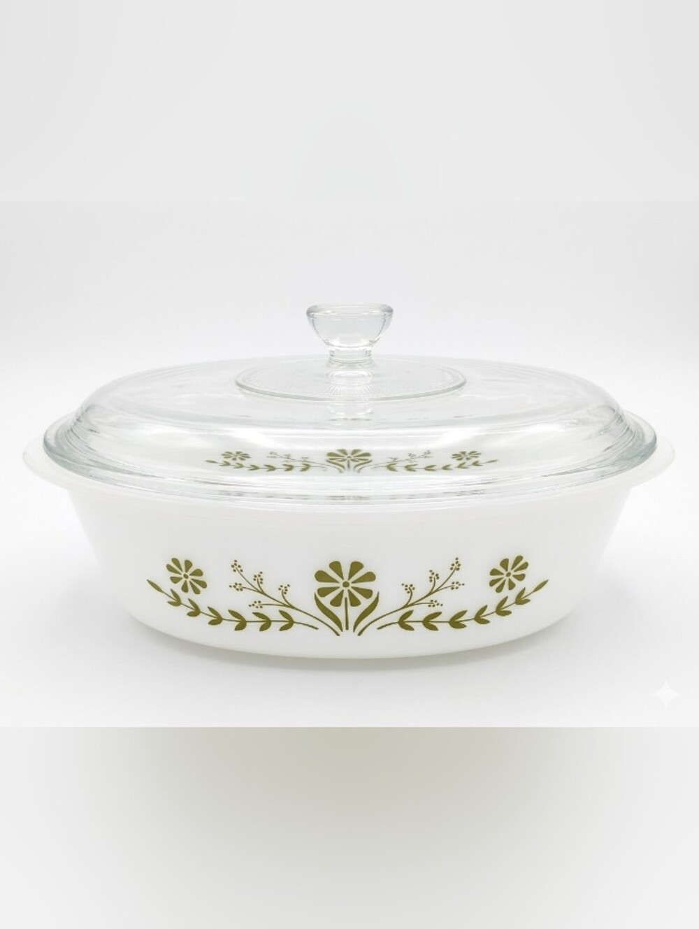 Vintage Glasbake Oval Casserole Dish - Green Floral Pattern - with Lid